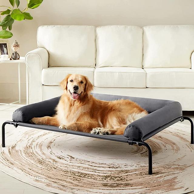 Western Home Elevated Dog Bed Cot with Bolster , Raised Outdoor Dog Bed for Large Dogs, Slightly Chew Proof Cooling Washable Pet Cot with Breathable Mesh, Skid-Resistant Feet, Grey