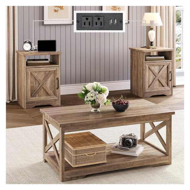 AMERLIFE 3-Piece Farmhouse Living Room Table Set, Includes 1 x Coffee Table 2 x End Tables, Barnwood
