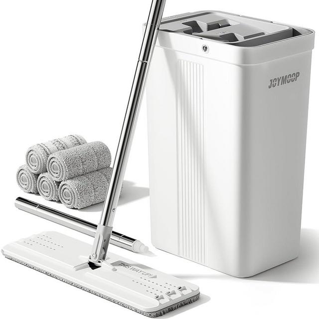 JOYMOOP Mop and Bucket with Wringer Set, White Flat Squeeze Mop Bucket Set for Floor Cleaning, Wet Dry Mop for Walls, Wall Cleaner with Long Handle, Hardwood Floor Mop-5 Microfiber Cloths