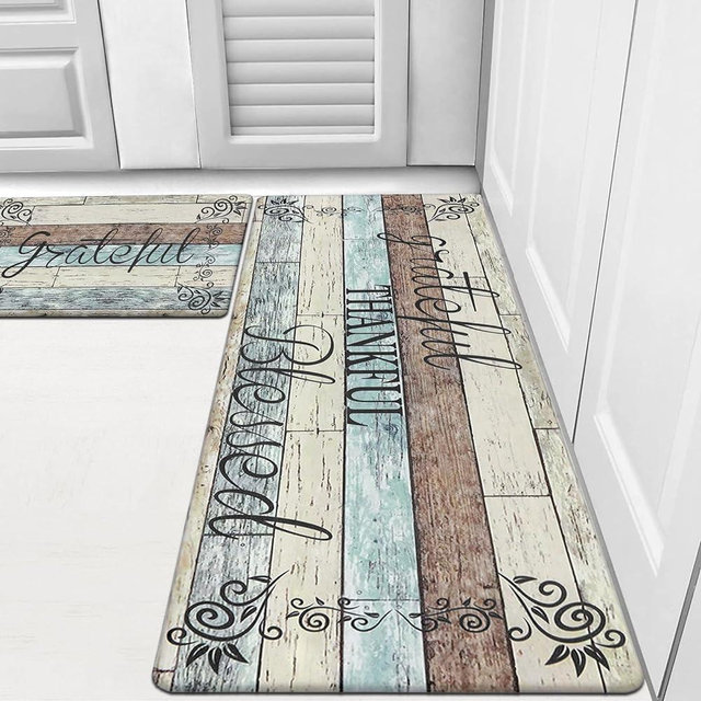 HEBE Farmhouse Anti Fatigue Kitchen Mat Set of 2 Non Skid Cushioned Kitchen Mats for Floor PVC Waterproof Comfort Standing Desk Mat Kitchen Carpet Runner Rugs for Sink Laundry