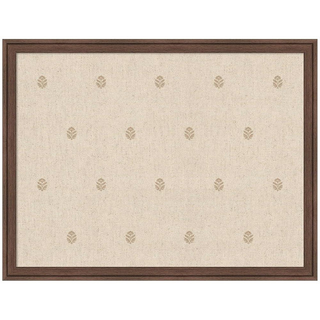 Kate and Laurel Framed Fabric Pinboard 26 x 20, Beige Botanical Block Print Printed Linen Classic Bulletin Board for Use as a Vision Board or Wall Organization, Florence Medium Brown Frame
