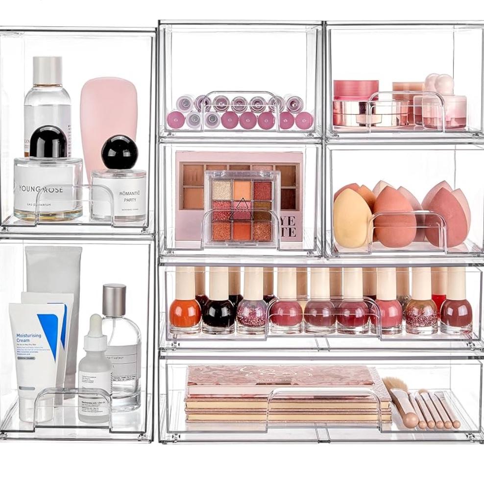 Vtopmart Stackable Storage Drawers Set of 8, Clear Plastic Organizer Bins for Bathroom Supplies,Ideal for Cabinet,Pantry,Laundry Room Organization