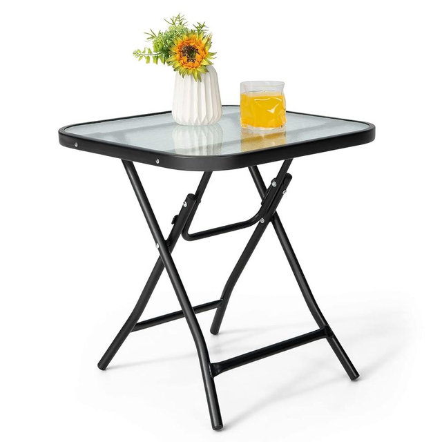 Giantex Folding Side Table, Square Small Patio Table, Tempered Glass Tabletop, Steel Frame, Weather-Resistant Outdoor Indoor Use for Bistro Porch Garden Balcony 18"x18"x18.5"