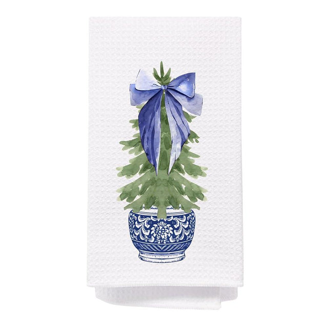 Chinoiserie Christmas Tree Hand Towels, Blue and White Porcelain - 16x24 Inch, Bathroom and Kitchen Decor