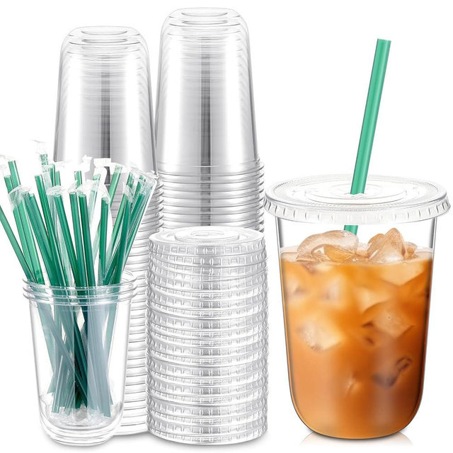 Baderke 25 Set Plastic Cups with Lids and Straws, Disposable Plastic Iced Coffee Cup for Cold Beverage Juice Smoothie Crystal for Coffee Shops Party Catering(Clear,16 oz)