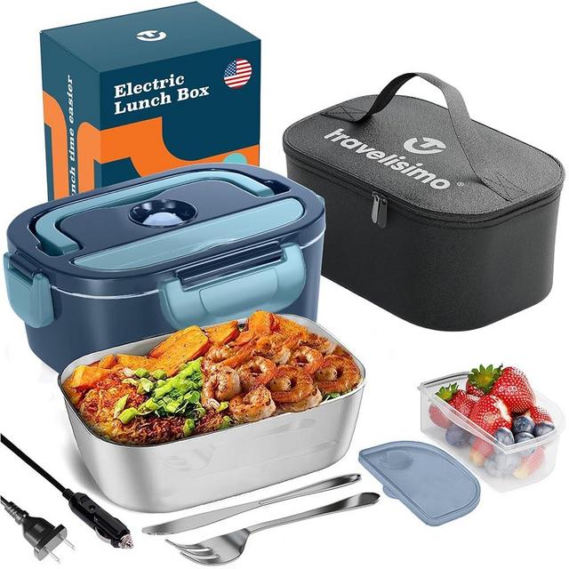 TRAVELISIMO Electric Lunch Box for Adults 80W, Fast Portable Heated Lunch Box 12/24/110V Food Warmer Lunch Box, Leakproof, SS Container, for Car Truck Work, Loncheras para Hombres de Trabajo