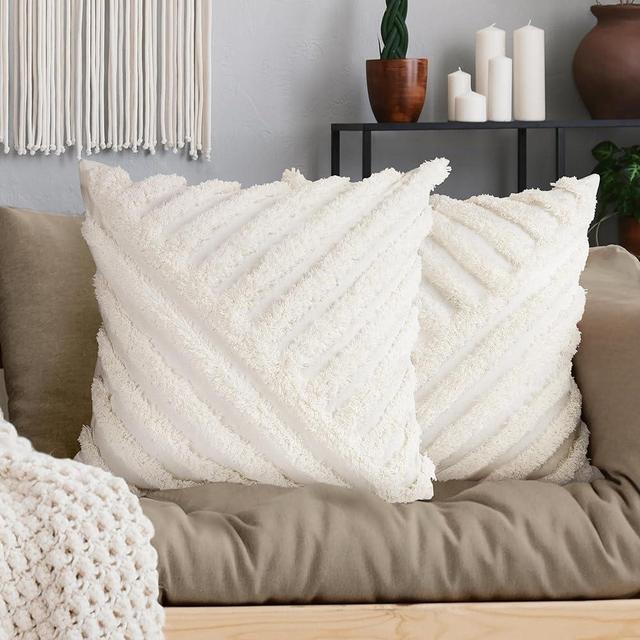 AELS Boho Decorative Textured Throw Pillow Covers 18x18, Set of 2, Modern Geometric Mid Century Striped Tufted Pillow Case, Farmhouse Rustic Woven Cushion Case for Bed Couch Sofa, White & Beige