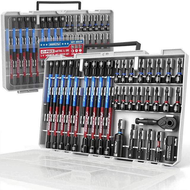 41-Piece Premium 1/4" Drive Magnetic Impact Nut Driver Set Metric & SAE Standard & Deep with Socket Adapters, 2-in-1 Ratchet Wrench, Wing Nut Driver, Universal Sockets, Quick Release Bit Holder