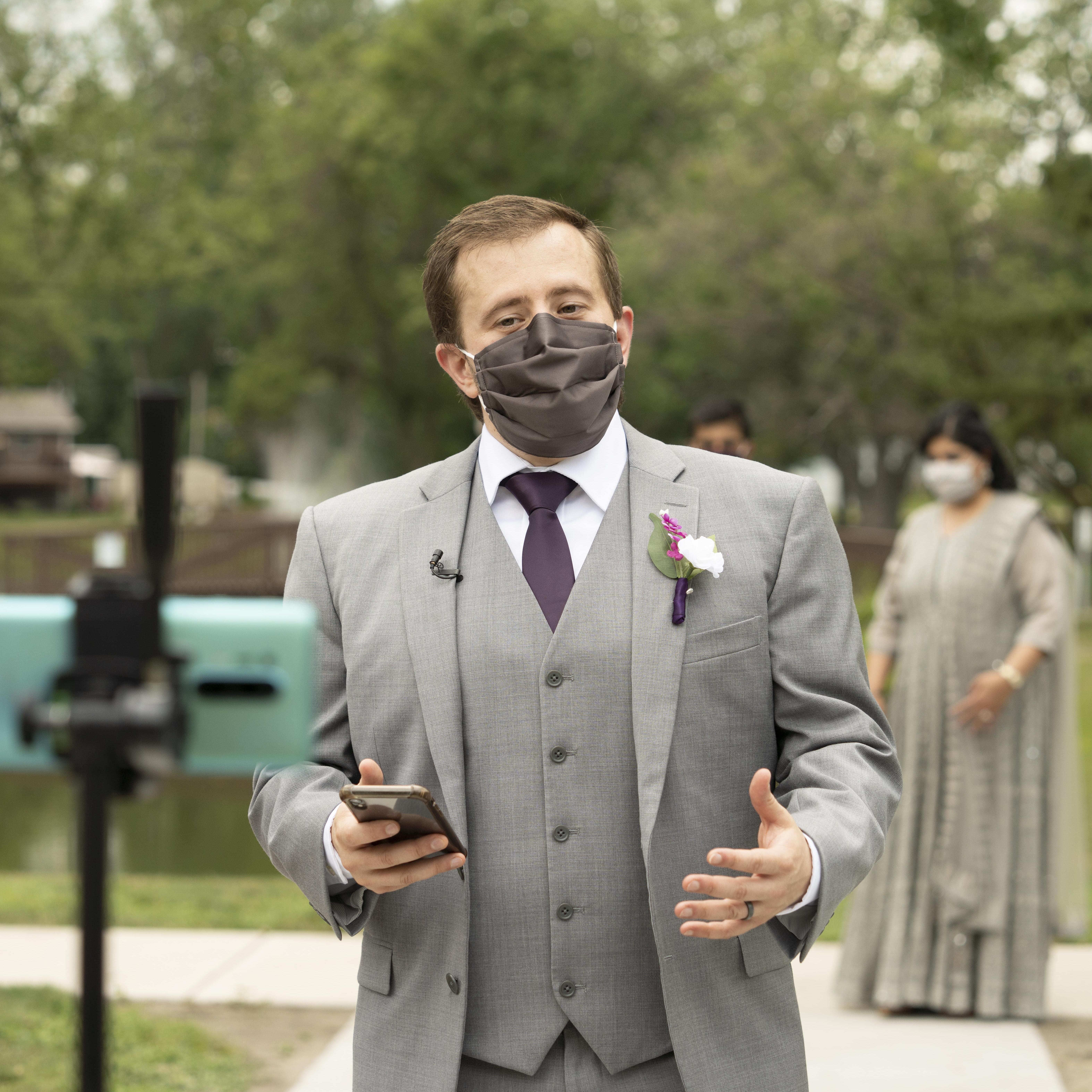 Josh addressing the virtual wedding crowd.