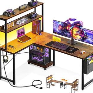 ODK 53 Inch L Shaped Desk with LED Lighting, Reversible Gaming Desk with Power Outlets, Cornor Computer Table with Storage Shelves & Bag & Iron Hook, Home Office Table for Writing, Study, Vintage