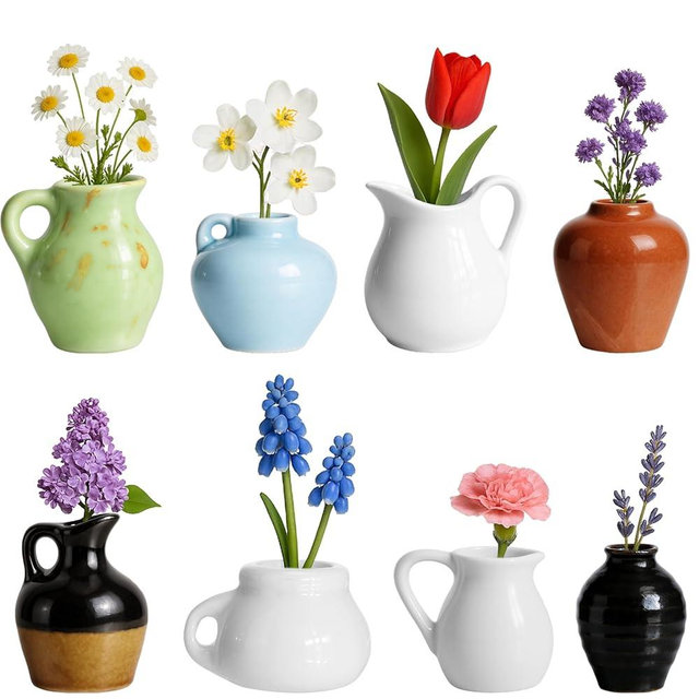 Mini Vase Magnets for Fridge 8PCS - 3D Ceramic Tiny Plant Vase Magnets Fridge Decoration Set Design for Refrigerator, Lockers & Office Spaces (8PCS, Without Flower)