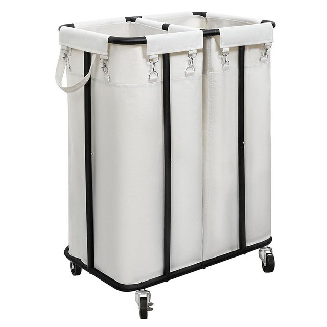WOWLIVE Double Laundry Hamper with Wheels 170L Rolling Laundry Basket Organizer Laundry Cart with Steel Frame and Removable Bags Large Dirty Clothes Hamper Dorm Room Storage for Bedroom (Beige)