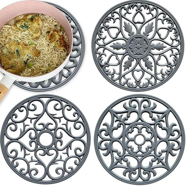 4 Pack Silicone Trivet Mat, Heat Resistant Kitchen Hot Pot Holders, Potholders, Table Pad, Non-Slip Placemat, Oven Mitts, Multi-Purpose Flower Decor Table Mat