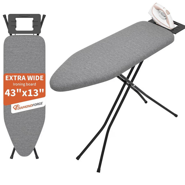 Ironing Board with Stable Iron Rest and 7 Adjustable Heights, 43" ×13" Size Iron Board with 4-Layer Heat Resistant Cover and Pad for Home Apartment Laundry, Gray