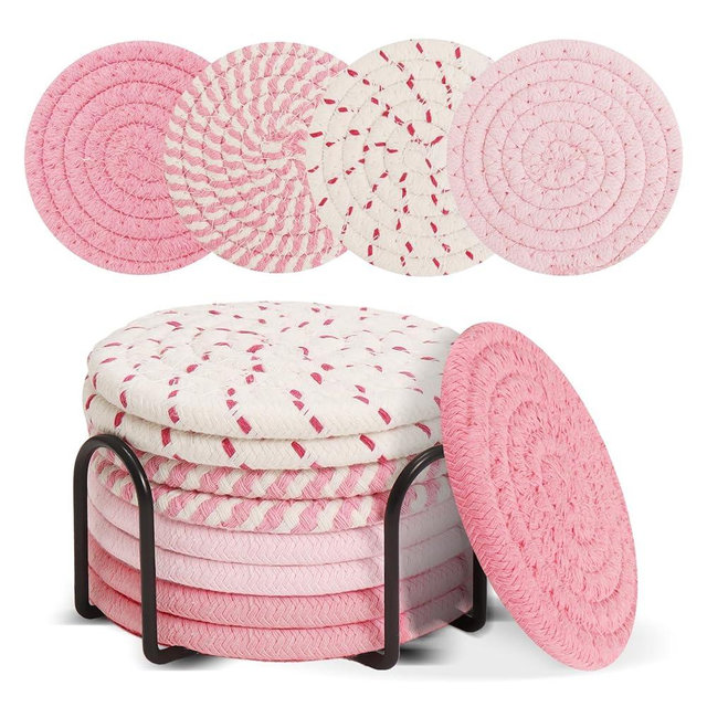 Pink Coasters Set of 8 - Birthday Gifts for Women,Cute Easter Coasters with Holder Pink Office Desk Decor,Woven Coaster for Drinks Apartment Essentials, for Mom from Daughter
