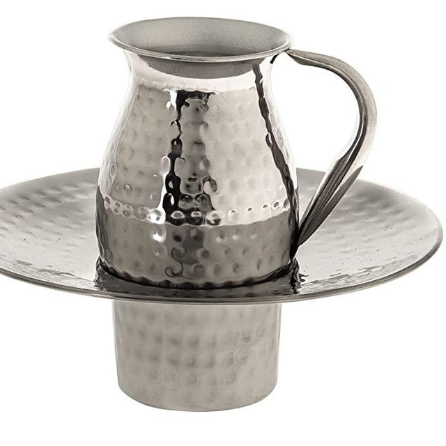 GIFTS PLAZA (D) Judaica Mayim Achronim Large Stainless Steel Set 7x7 (Hammered Silver)