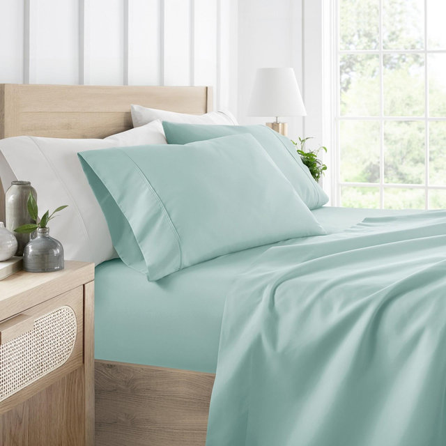 4 Piece Bed Sheet Set Solid Double Brushed Microfiber, Ultra Soft - Becky Cameron, Aqua Blue, King