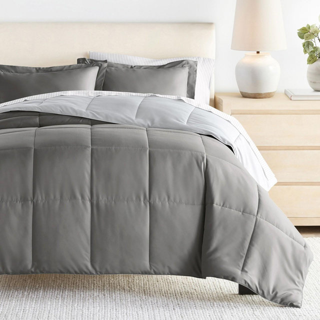 7PC Bedding Bundle, Reversible Solid Comforter and Patterned Sheet Set - Becky Cameron, Pinstriped Gray / Light Gray, King
