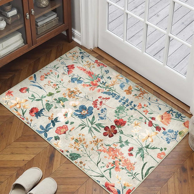 PureCozy Beige Area Rug 2x3 Entryway Floral Boho Door Mat Indoor Washable Kitchen Carpet Non Slip Bedroom Lightweight Low Pile Accent Rug for Bathroom Living Room Office Dining Room