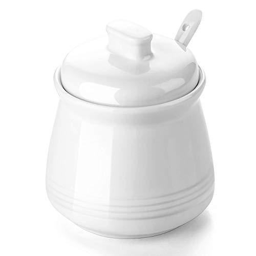 DOWAN Porcelain Sugar Bowl with Spoon and Lid, Suit for Home or Restaurant, White, 12 Ounces