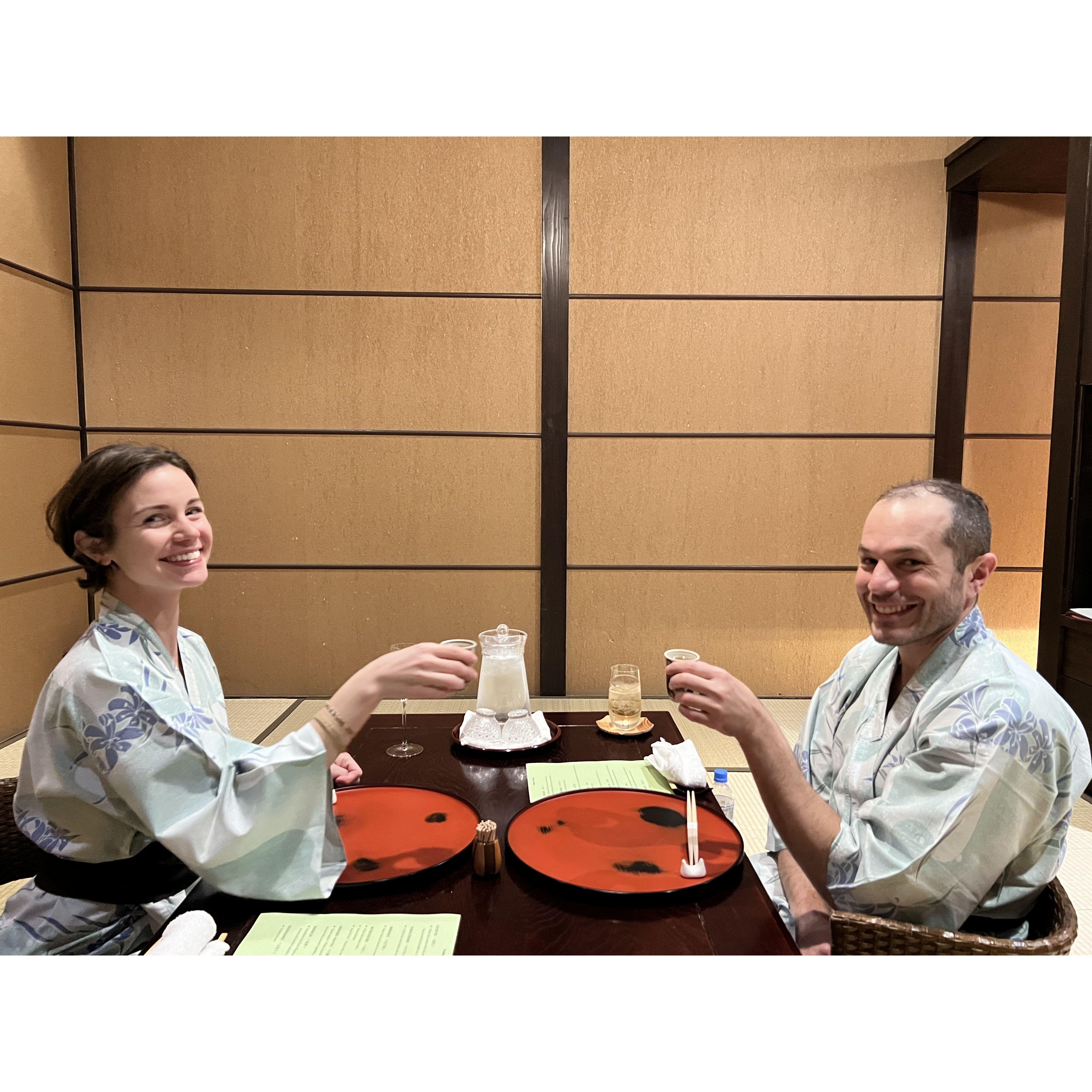We can say cheers in six languages! Our language degrees have come in handy over the years.
Hakkone, Japan.