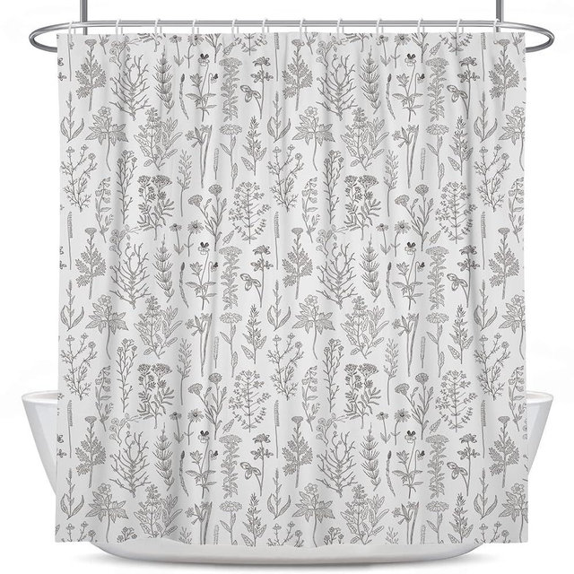 Coxila Vintage Floral Shower Curtain Botanical Flower Black and White Ivory Boho Rustic Wildflower Neutral Cute Retro Nature Plant Bathroom 60 x 72 Inch Polyester Fabric 12 Pack Hooks