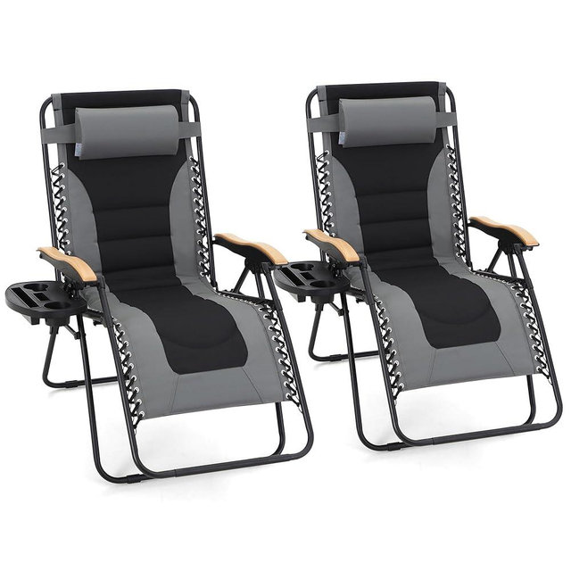 MAISON ARTS Oversize Zero Gravity Lawn Chairs Set of 2 XL Padded Anti Gravity Lounge Chairs Adjustable Recliner w/Pillow & Cup Holder Outdoor Camp Chairs for Poolside Yard, Support 400LBS, Grey