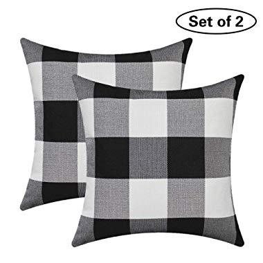 Burlap Farmhouse Decor Buffalo Checkers Plaid Cotton Linen Decorative Throw Pillow Cover Rustic Cushion Cover Pillowcase for Sofa 18 x 18 Inch, Set of 2 (Black/White, 18"×18")