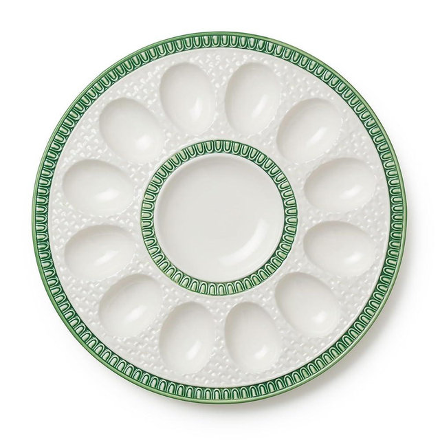 Le Jardin EMBOSSED RATTAN EGG PLATE – Stoneware Deviled Egg Tray with Basketweave Detail and Green Trim – Elegant Serveware for Spring, Summer Parties & Seasonal Hosting