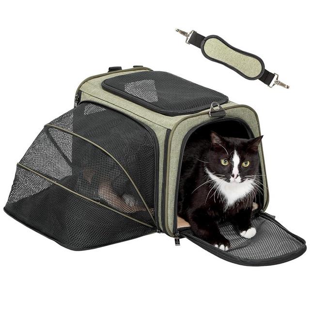 Petsfit Expandable Cat Carrier Dog Carrier,Airline Approved Soft-Sided Portable Pet Travel Washable Carrier for Kittens,Puppies,Removable Soft Plush mat and Pockets,Locking Safety Zippers