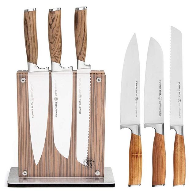 Schmidt Brothers - Zebra Wood, 7-Piece Knife Set, High-Carbon Stainless Steel Cutlery with Zebra Wood and Acrylic Magnetic Knife Block and Knife Sharpener