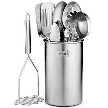 Stainless Steel Kitchen Utensil Set - 10 piece premium Non-Stick & Heat Resistant Kitchen Gadgets, Turner, Spaghetti Server, Ladle, Serving Spoons, Whisk, Tungs, Potato Masher and Utensil Holder