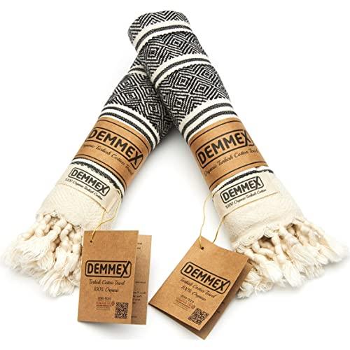 DEMMEX (Set of 2) Certified 100% Organic Cotton & Organic Dye Prewashed Diamond Weave Turkish Hand Face Gym Towel, 18x36 Inches (Black)