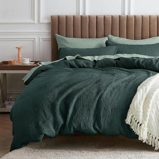 Bedsure Waffle Comforter Set King, Forest Green Cotton Bedding Set for All Seasons, Waffle Weave Bed Set, 3 Pieces, 1 Comforter (104"x90") and 2 Pillow Shams, Premium Cotton Cover with Polyester Fill