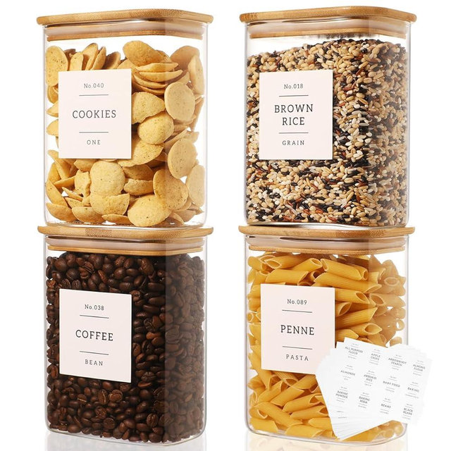4 Pack Square Glass Pantry Storage Containers with 132 Kitchen Food Pantry Labels - 34 floz Clear Glass Pantry Jars with Airtight Wood Bamboo Lids - Glass Canisters for Tea, Cereal, Coffee, Spice