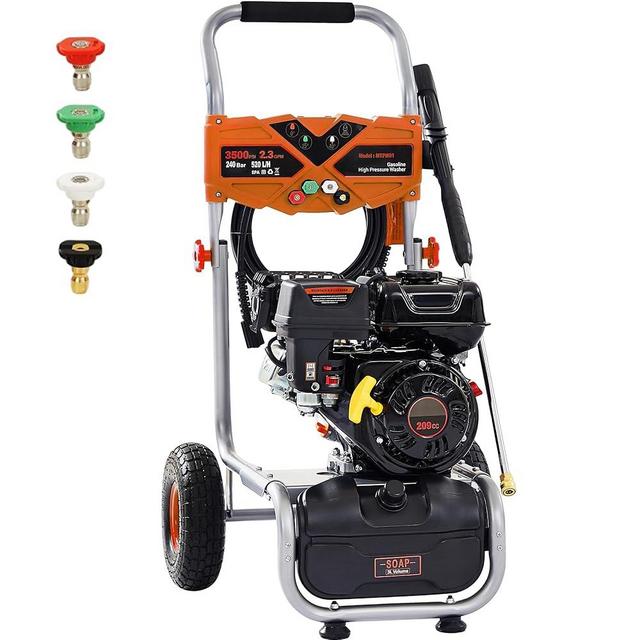 Ezasin 3500 PSI Gas Pressure Washer, 2.3 GPM Heavy-Duty High-Power Cleaner with 209CC 7HP Engine, 25Ft Hose, Axial Aluminum Pump, Soap Tank & 4 Quick-Connect Adjustable Nozzles (Orange)