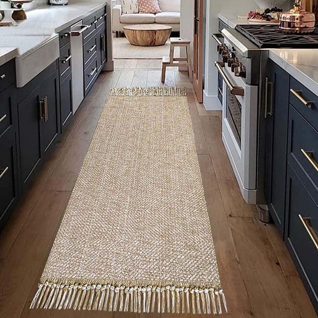 Boho Hallway Runner Rug 2'x 6',Khaki/Cream Hand-Woven Cotton Washable Rug Farmhouse Entryway Runner Rug Laundry Room Mat Runner Rug for Kitchen Bedroom Bathroom Sink Foyer Living Room