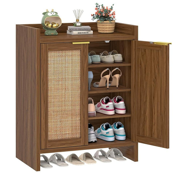 YOMILUVE Shoe Storage Cabinet for Entryway, 4-Tier Rattan Shoe Cabinet with Doors & Adjustable Shelves, Boho Narrow Shoe Rack for Entryway Hallway Closet