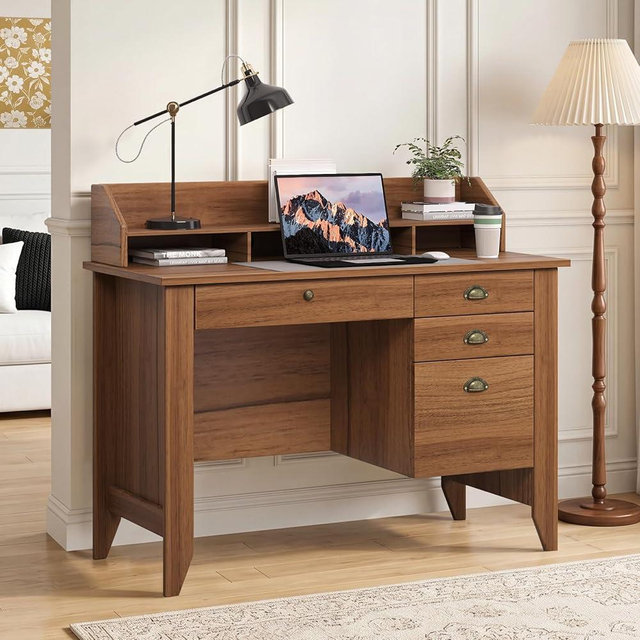 4 EVER WINNER Small Desk with Drawers, 47'' Wooden Desk with Monitor Stand and File Drawer, Computer Desk with Storage for Bedroom, Living Room, Small Spaces, Walnut