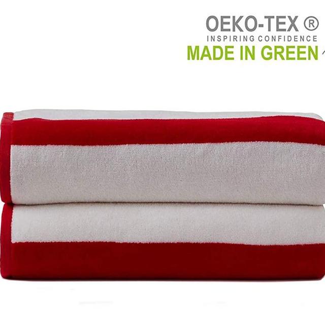 2 Pack Yarn-Dyed Cabana Stripe Velour Pool and Beach Towels, Extra-Large Size (32x64), Super Absorbent, Quick Dry, 420 GSM (Red and White Color)