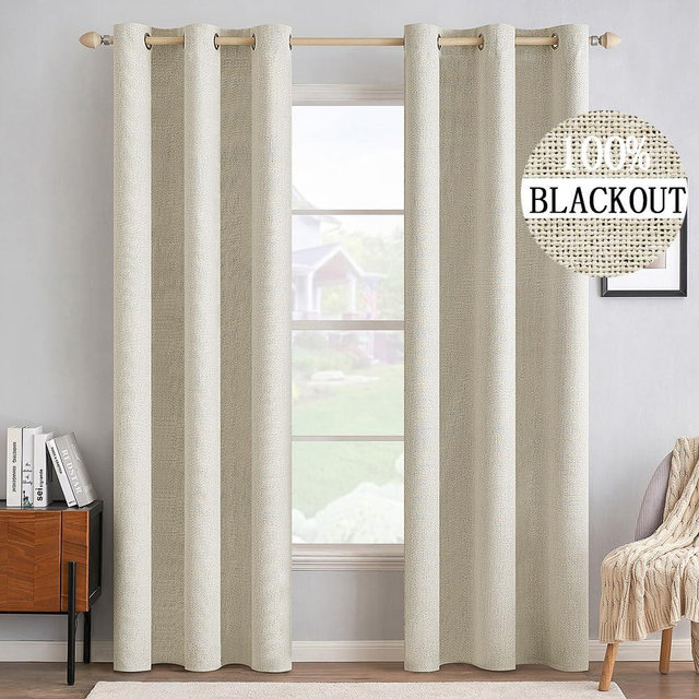 MIULEE 100% Blackout Linen Textured Curtains for Bedroom Solid Thermal Insulated Cream Grommet Room Darkening Curtains & Drapes Luxury Decor for Living Room Nursery 42 x 84 Inch (2 Panels)