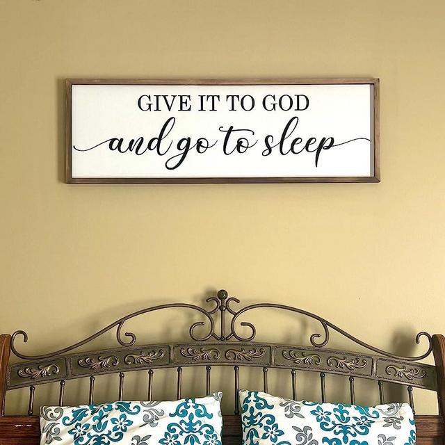 Framed Give it to God and Go to Sleep Signs 48”x16” Above Bed Wall Decors Wall Art for Bedroom Wood Signs (48 x16 inch, Brown)