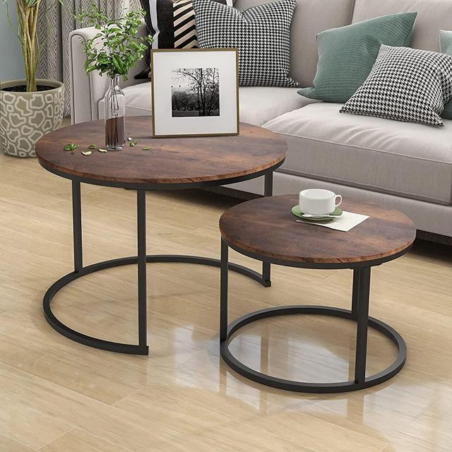HOJINLINERO Industrial Nesting Coffee Table Wood, Set of 2 End Tables for Living Room, Stacking Side Tables, Sturdy and Easy Assembly, Wood Look Accent Furniture with Metal Frame, Black+brown
