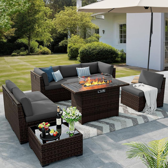 VONZOY 8 Pieces Outdoor Patio Furniture Set with 44" Fire Pit Table Rattan Sectional Conversation Sets w/Gas Fire Pit, Coffee Table, 2 Waterproof Covers, Dark Grey