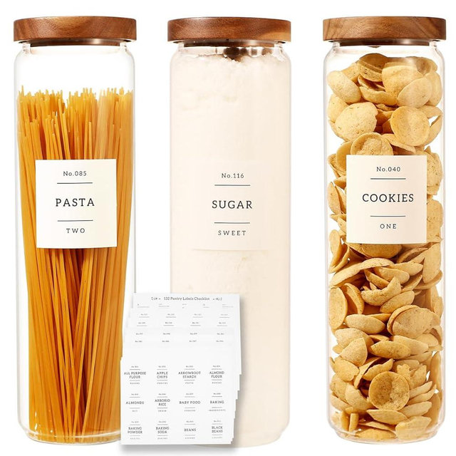 3 Pack Glass Canisters with Airtight Acacia Lids and 132 Kitchen Pantey Labels Preprint - 51 Fl Oz Borosilicate Glass Pantry Storage Jars Containers with Wooden Lids for Pasta,Spaghetti,Cereal,Noodles