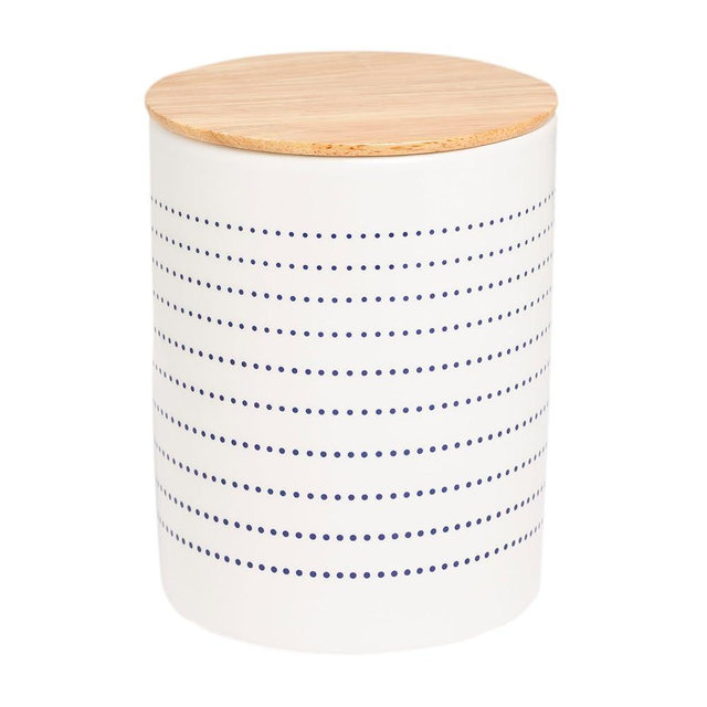 Pearhead Ceramic Dog Treat Jar with Wooden Lid – Container for Dog Biscuits & Training Treats, Airtight Stoneware Pet Snack Storage Canister, Modern Blue Dot Kitchen Countertop Jar