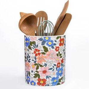 Kitchen Utensil Holder,7.2″Extra Large Stable Vintage Floral Pattern Ceramic Utensil Crock,Flower Utensil Organizer for Countertop,Kitchen Decor,Utensil Holder for Housewarming Gift Pink