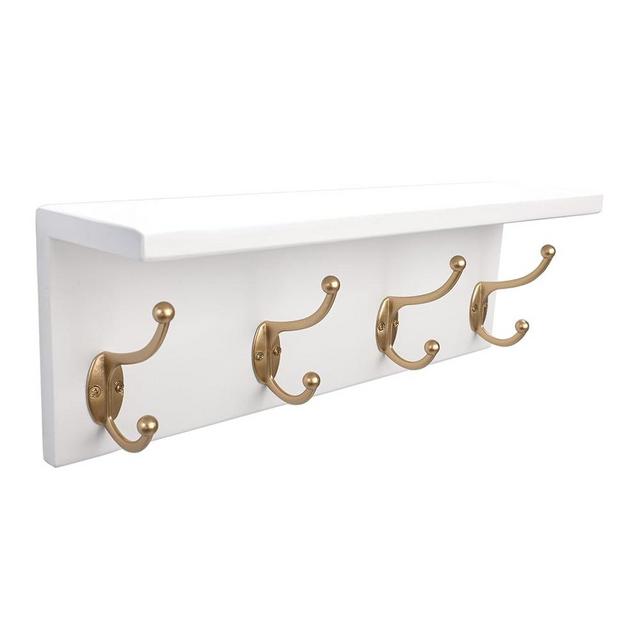 SANY DAYO HOME Wall Mounted Pine Wood Coat Rack with Shelf and 4 Heavy Duty Two-Prong Hooks for Entryway, Kitchen, Bathroom, Bedroom, Laundry (16 x 5 x 4 inches, White and Gold)