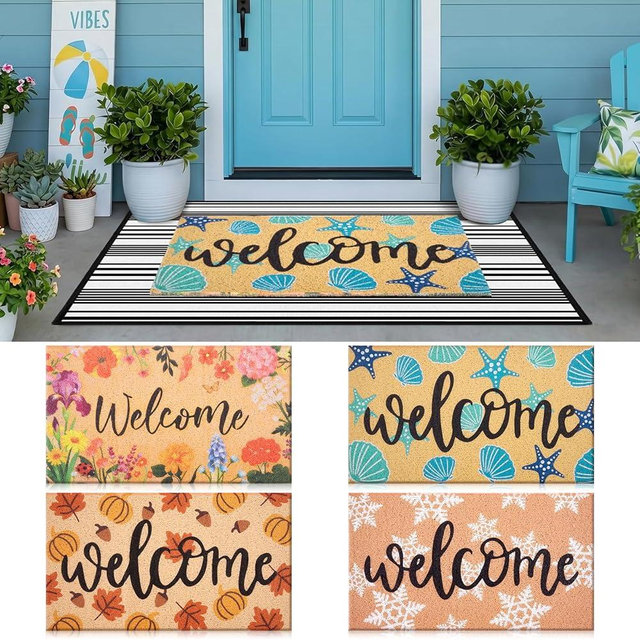APUDWN 5 Pcs Seasonal Welcome Door Mat Set with Non-Slip Layered Rug, 4 Interchangeable Doormat Inserts for Spring Summer Fall Winter, 24x36 Buffalo Plaid Front Porch Rugs for Home Entrance Entryway