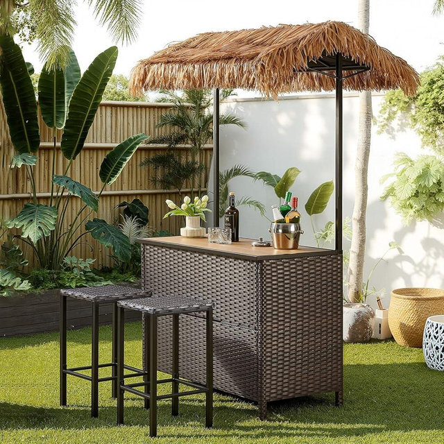Belord Outdoor Tiki Bar Set with Palapa Top - 3 Piece Wicker Bar Height Patio Set with 2 Stools, Storage Shelves & Wine Glass Rack, All-Weather Patio Bar Set for Garden Deck Backyard Brown